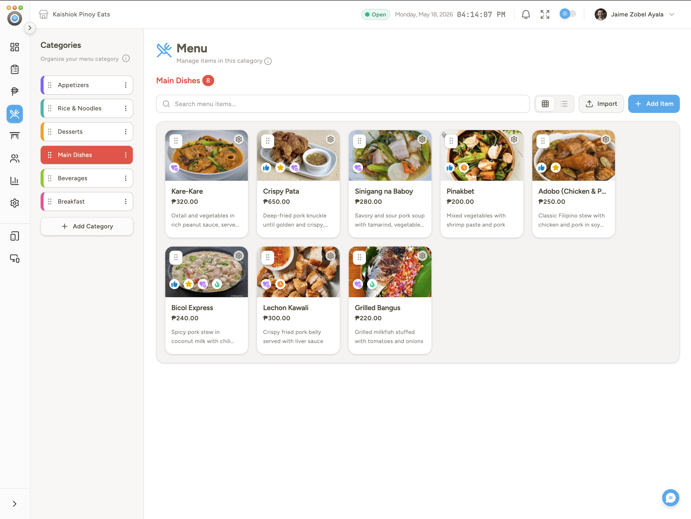 Menu management grid view with categories