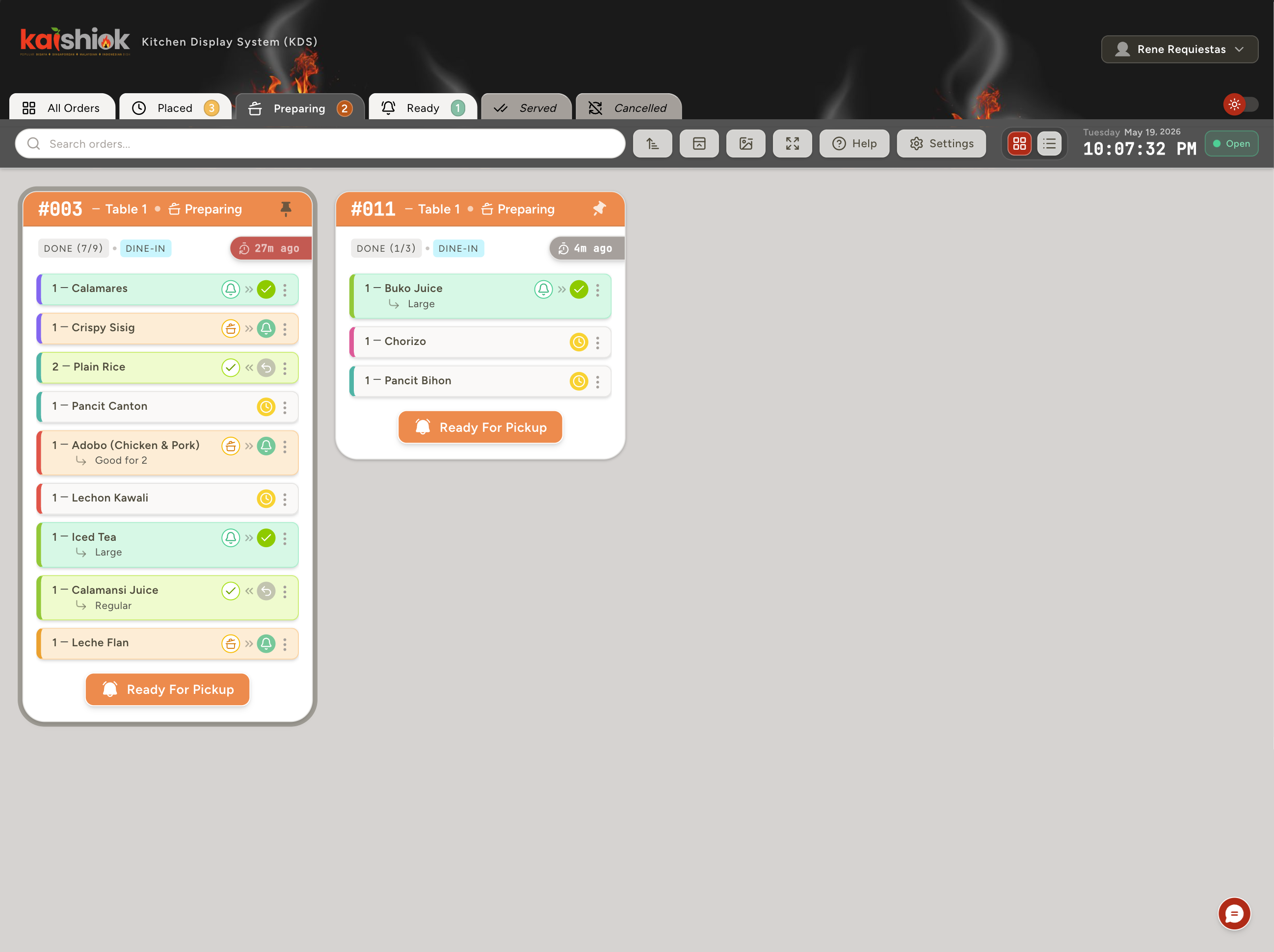 Kitchen Display System showing order being prepared